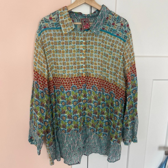 Johnny Was Tops - Johnny Was Boho Colorful Floral Copra Rayon Button Down Shirt 1X